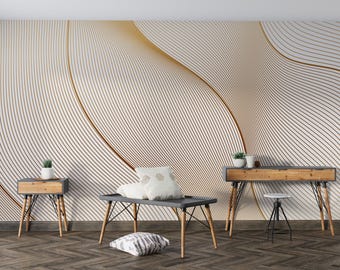 Elegant Gold Infused Line Wallpaper, Modern Abstract Wall Mural for Living Room, Minimal Luxury Wall Decor, Removable Peel and Stick Mural