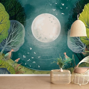 Full Moon Forest Wallpaper Mural – Dreamy Tree and Nature Scene in Teal and Green Tones, Whimsical Art for Children’s Wall or Calming Spaces