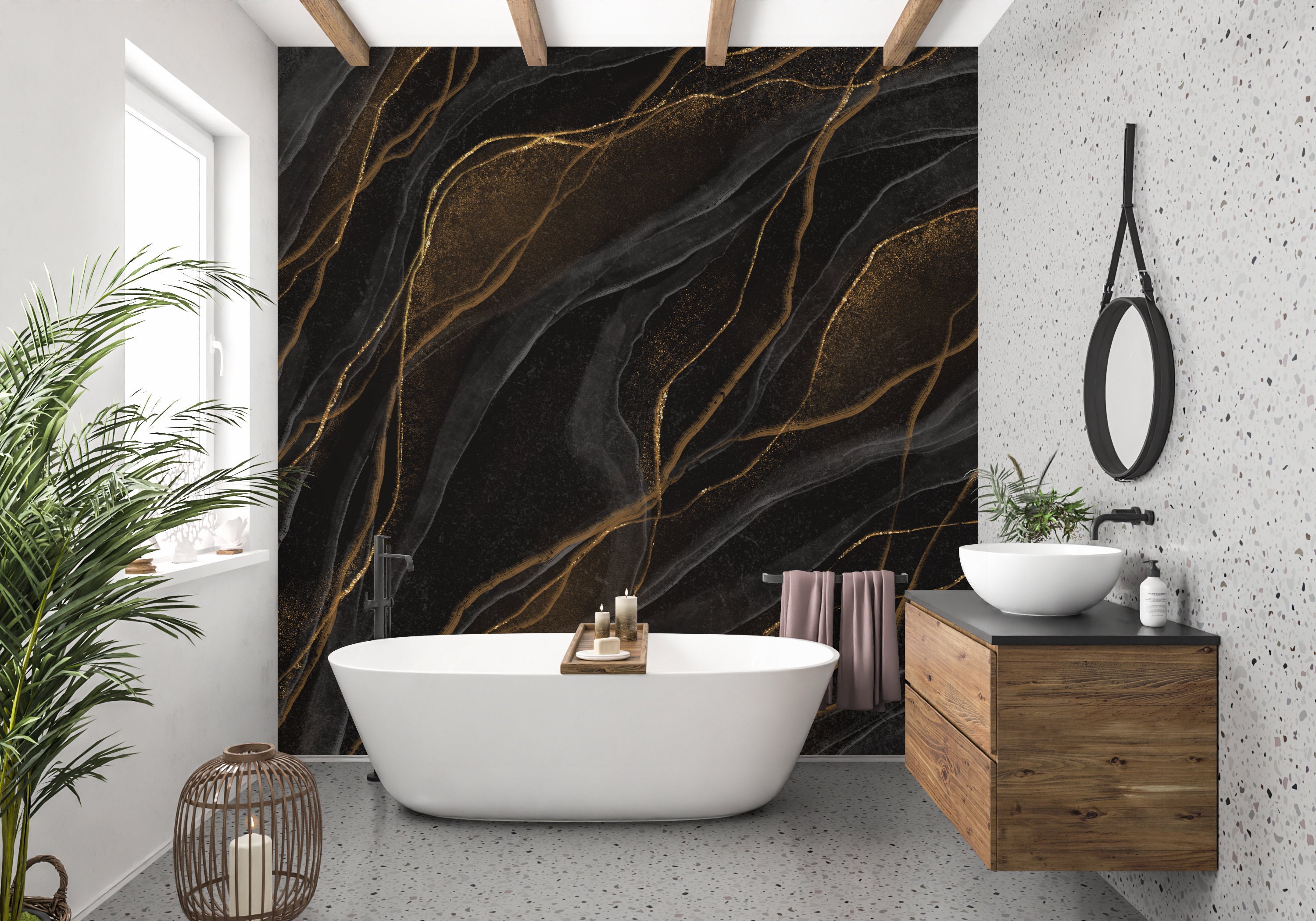 Black and Gold Marble Wallpaper | Abstract Peel and Stick Mural - Etsy