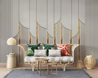 Luxury Beige and Gold Fluted Wall Mural Geometric Scalloped Striped Wallpaper Faux Panel Decor