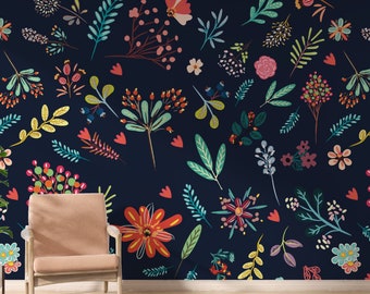 Flowers and Leaves Wallpaper | Wall Mural | Peel and Stick Self Adhesive or Pasted | Removable Wallpaper, Floral Wallpaper, Wallpaper Mural