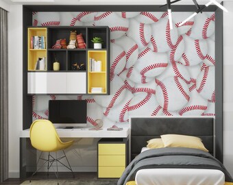 Baseball Teen Room Wallpaper | Pattern Wall Mural | Peel and Stick Self Adhesive or Pasted | Removable Wallpaper, Custom Size