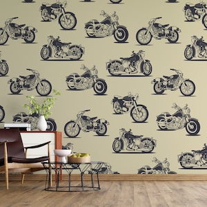 Retro Motorcycles Pattern Wallpaper | Peel and Stick Self Adhesive or Pasted | Removable Motorcycles Wallpaper | Custom Size