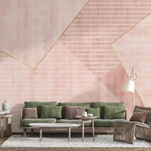 Blush Tone Abstract Geometric Wallpaper – Subtle Texture and Gold Line Accents for Scandinavian-Inspired Modern Interior Walls