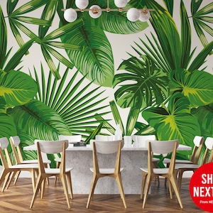 Exotic Tropical Green Leaves Wallpaper | Pattern Wall Mural | Peel and Stick Self Adhesive or Pasted | Removable Wallpaper | Custom Size