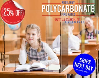 STUDENT Polycarbonate Sneeze Guard, Fire Rated Cough Shield, Unbreakable Student Desk Shield, 3-Sided Wrap-Around Sneeze Guard, 14&quot; Sides