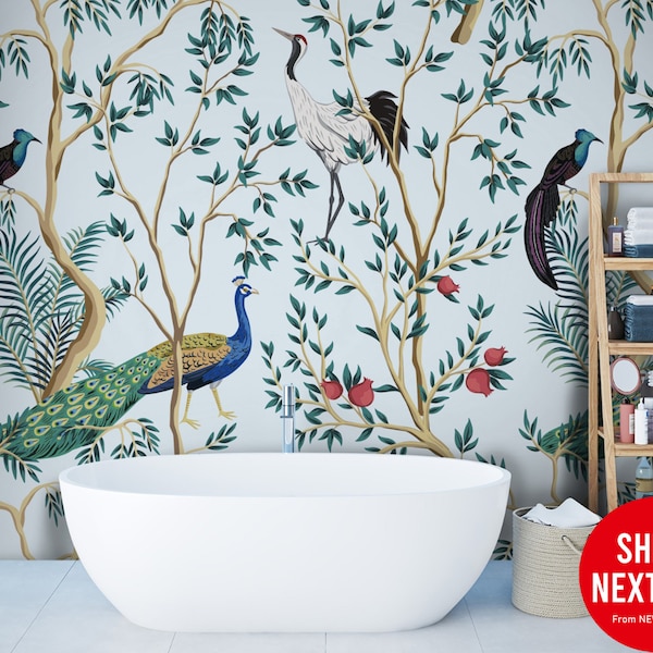 Exotic Garden Peacock Floral Wallpaper | Pattern Wall Mural | Peel and Stick Self Adhesive or Pasted | Removable Wallpaper | Custom Size