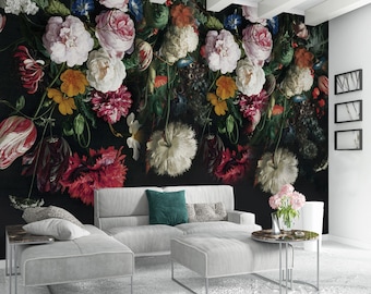 Hand Painted Floral Wallpaper Mural | Nostalgic Peel and Stick