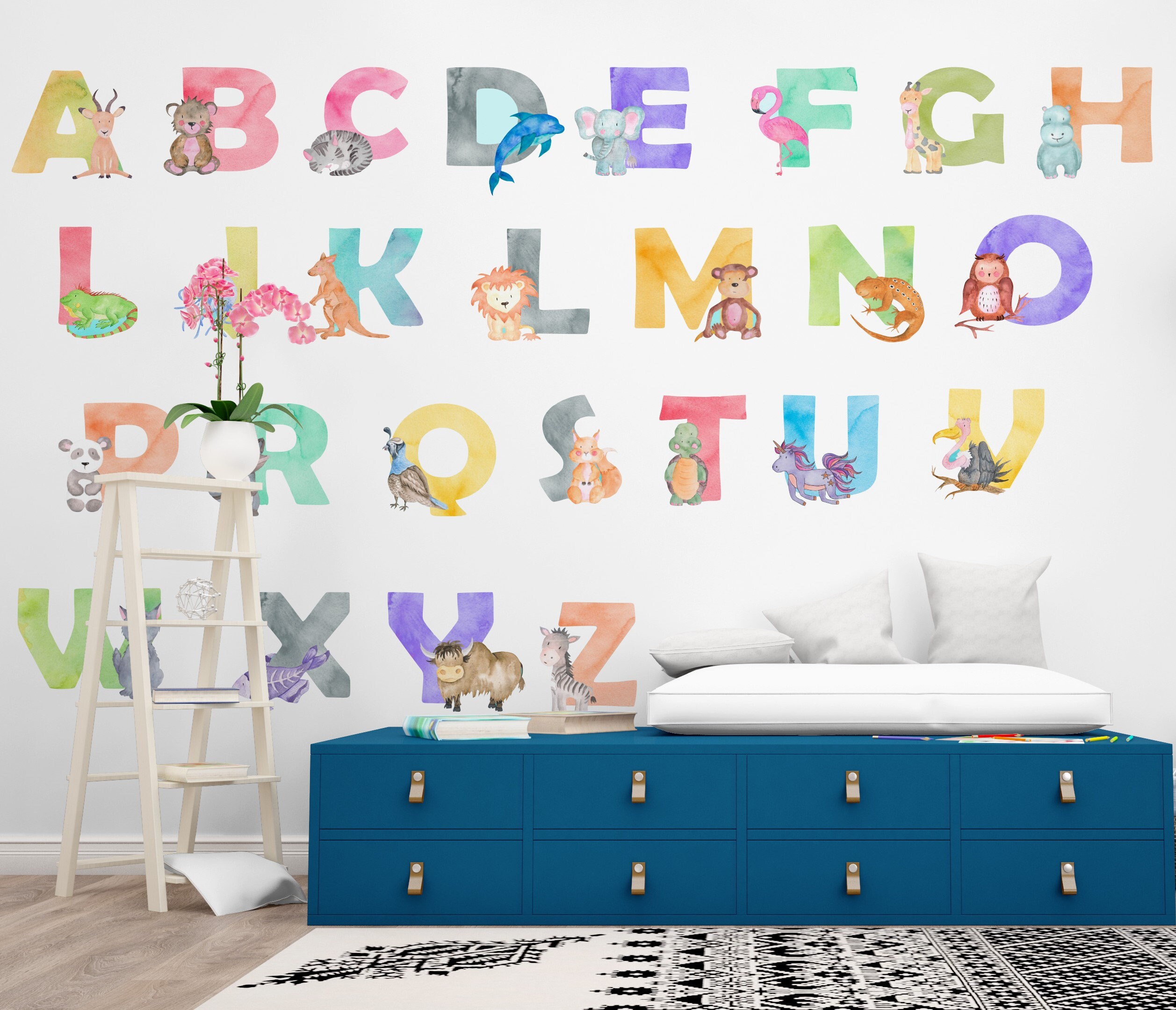 Frogued 4Pcs/Set Wall Stickers Tear Resistant Wall Decor Educational Animal Alphabet  Wall Decals for Kids Room (Type 3) 