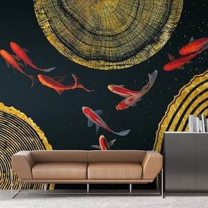 Koi Fish Wall Mural with Gold Abstract Tree Rings – Japanese Zen-Inspired Wallpaper – Custom Size Peel & Stick or Traditional Wall Art