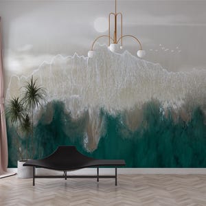 Abstract Aerial Beach Wall Mural, Ocean Waves Crashing on Shore, Coastal Sand and Water Wallpaper, Modern Tranquil Seascape Wall Art
