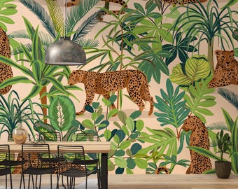Biophilic Leopard Wallpaper Jungle Print Green Tropical Wall Decor - Peel and Stick Custom Size Wall Mural