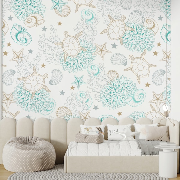 Sea Turtle & Seashells Wallpaper | Coastal Removable Wall Mural