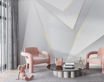 Minimalist White and Gold Wallpaper, Clean Lines Geometric Peel and Stick Mural, Removable Self-Adhesive Wall Decor for Accent Wall