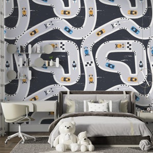 Sport Cars Racing on Road Pattern Children&#39;s Room Wallpaper | Wall Mural | Peel and Stick Teen Room Wallpaper | Nursery Boy Mural