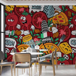 Peel and Stick Retro Pizza Restaurant Wallpaper Pattern Wall Mural Self