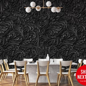 Black Metalic Dark Leaf Wallpaper | Pattern Wall Mural | Peel and Stick Self Adhesive or Pasted | Removable Wallpaper | Custom Size
