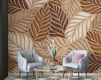 Textured Leaf Wallpaper, Brown Beige Embossed Wall Art, Peel and Stick Mural