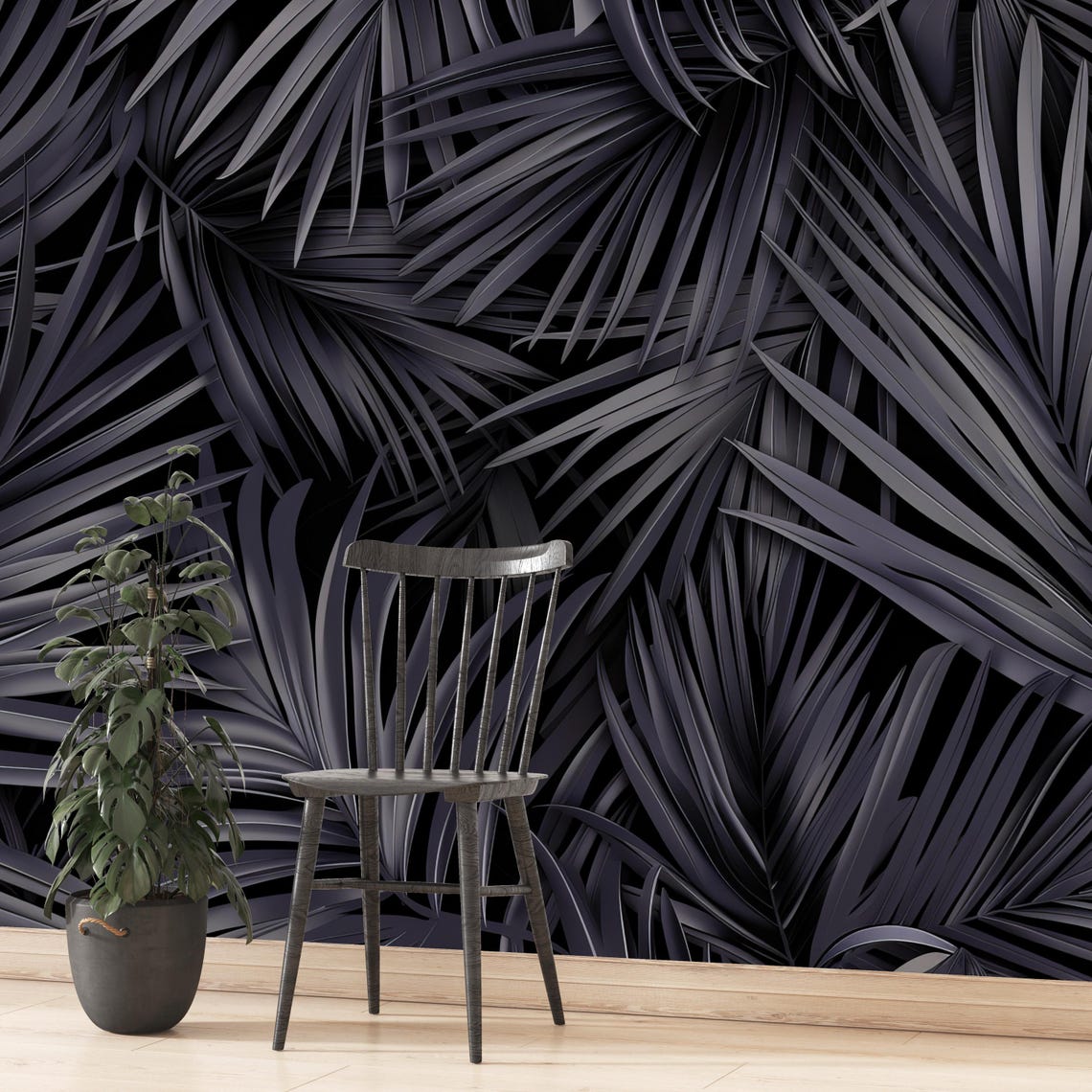 Dark Palm Leaf Wallpaper – Monochrome Tropical Mural for Moody ...