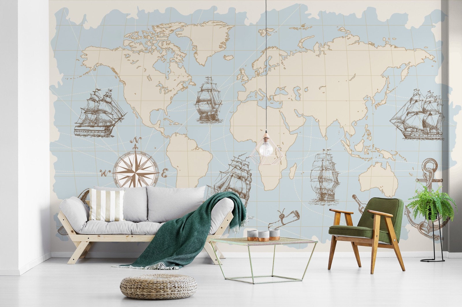 Hand Drawn World Map Wallpaper | Vintage Compass, Sailing Boat, Peel ...