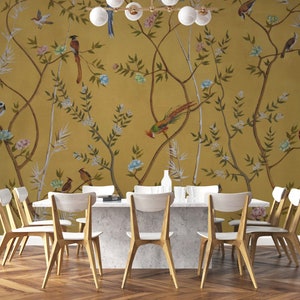 Birds and Flowers on Gold Background Wallpaper | Wall Mural | Peel and Stick Self Adhesive or Pasted | Removable Wallpaper | Custom Size
