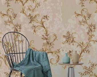 Baroque Floral Wallpaper, Gold Scroll, Vintage Style, Peel and Stick