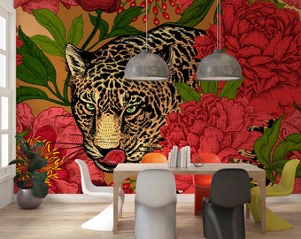 Vintage Leopard Wall Mural, Red Peony Flower Wallpaper, Exotic Tropical Jungle Peel and Stick, Eclectic Maximalist Home Decor Wall Art