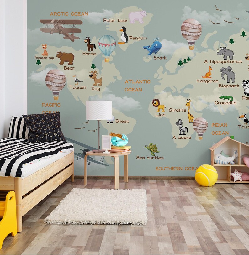 Animal World Map Wallpaper | Kids Nursery Decor (peel & Stick) - Etsy
