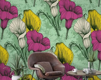 Colorful Floral Peel And Stick Wallpaper, Botanical Lily Wall Mural, Tropical Flower Pattern, Removable Wallpaper For Bedroom Decor