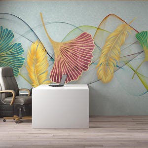 Contemporary Feather and Ginkgo Leaf Wall Art, Abstract Watercolor Mural with Gold and Bold Accents Self Adhesive or Pasted Mural