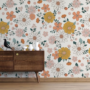 Peel and Stick Colorful Bohemian Floral Wallpaper, Self Adhesive or Pasted, Botanical Wall Mural, Retro Floral Wall Decal, 70s Floral Mural