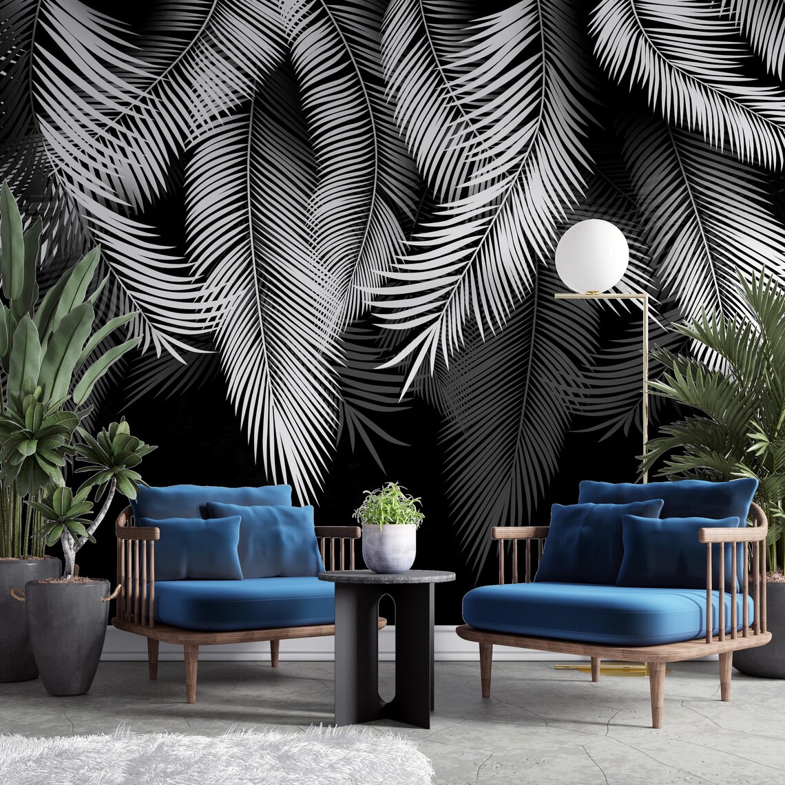 Black and White Palm Leaf Wall Mural – Elegant Tropical Wallpaper for ...
