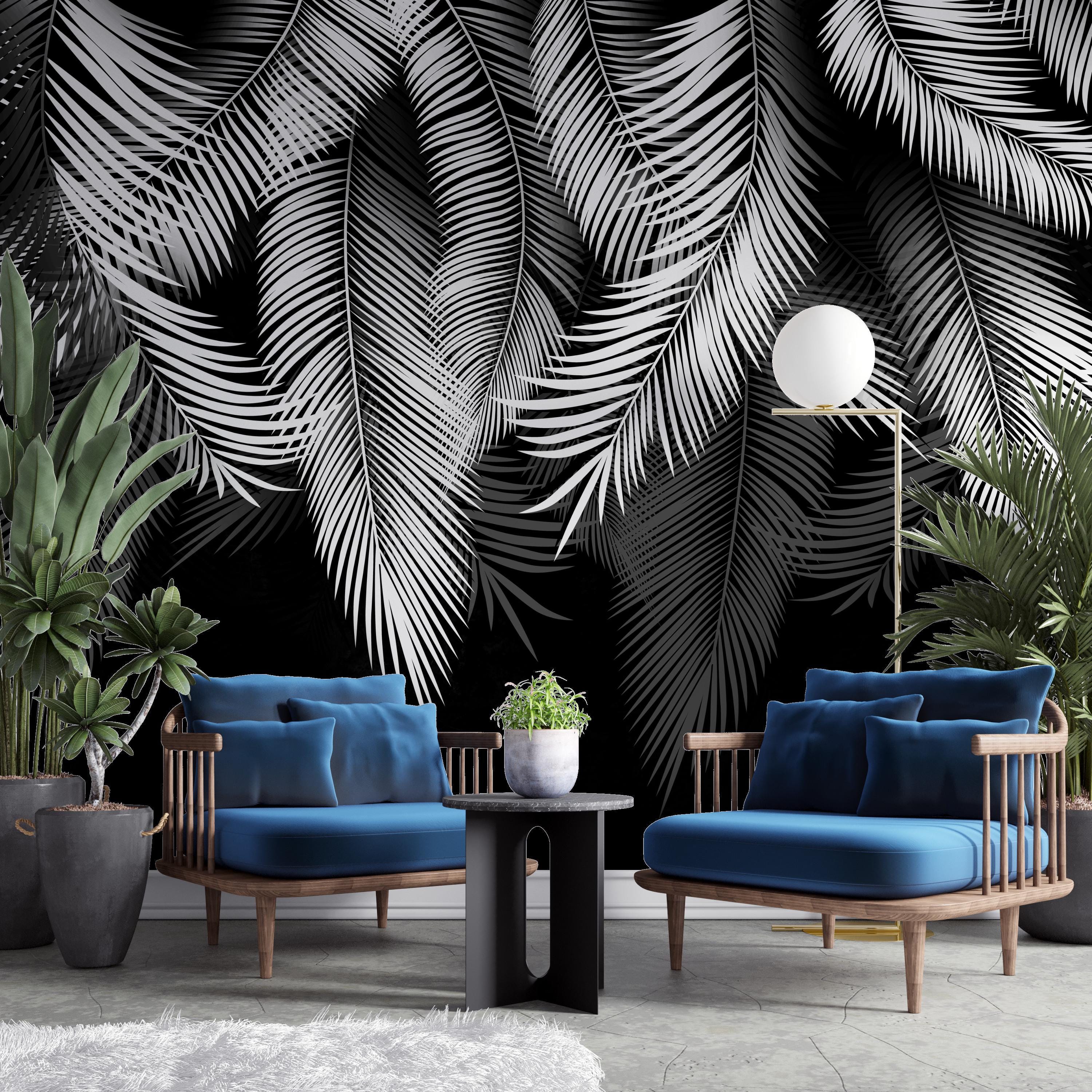 Black and White Palm Leaf Wall Mural – Elegant Tropical Wallpaper for ...