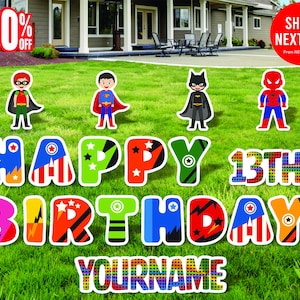 HEROES Happy Birthday Yard Sign, Lawn Signs, Outdoor Lawn Decorations, Ornaments, with H-Stakes, Custom Name & Age, 18 Inch Letters