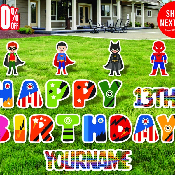 HEROES Happy Birthday Yard Sign, Lawn Signs, Outdoor Lawn Decorations, Ornaments, with H-Stakes, Custom Name & Age, 18 Inch Letters