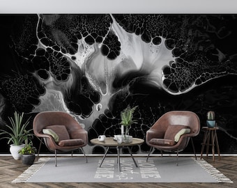 Dark Abstract Design Wall Mural – Black and White Wallpaper with Bold Patterns for Living Room or Office, Abstract Wallpaper