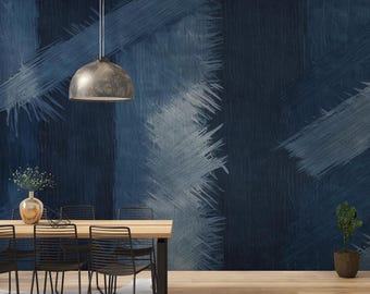 Textured Navy Wall Mural with Brush Details – Denim-Inspired Artistic Wallpaper for Modern Minimalist Room Designs, Peel and Stick Mural