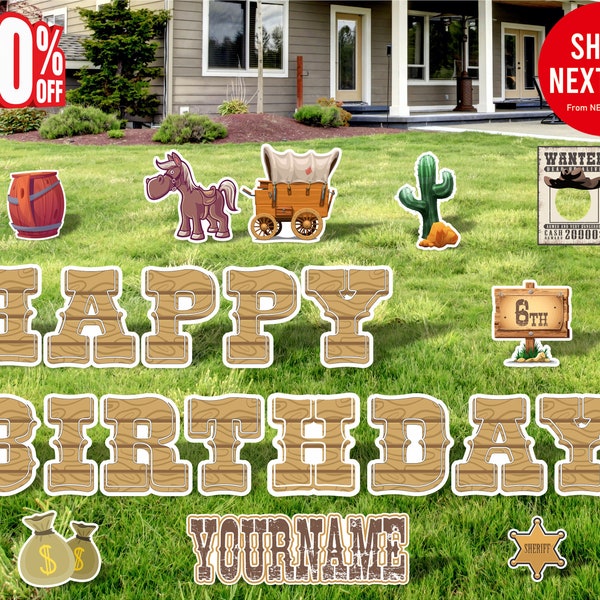 Western Happy Birthday Yard Sign, Cowboy Birthday Lawn Signs, Outdoor Lawn Decorations with H-Stakes, Custom Name & Age, 18 Inch Letters
