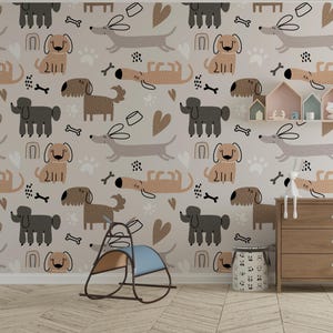 Whimsical Dog Print Wall Mural – Minimalist Cartoon Puppy Wallpaper – Fun & Modern Pet Lover’s Room Decor for Kids, Nurseries, Playrooms