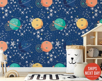 Cartoon Style Planet Pattern Wallpaper | Pattern Wall Mural | Peel and Stick Self Adhesive or Pasted | Removable Wallpaper | Custom Size