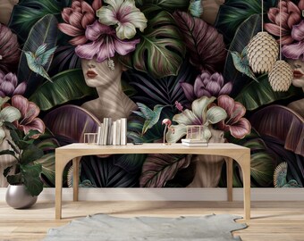 Tropical Surreal Portrait Wallpaper - Exotic Woman with Hibiscus & Protea Flowers, Dark Botanical Wall Mural, Peel and Stick Floral Decor
