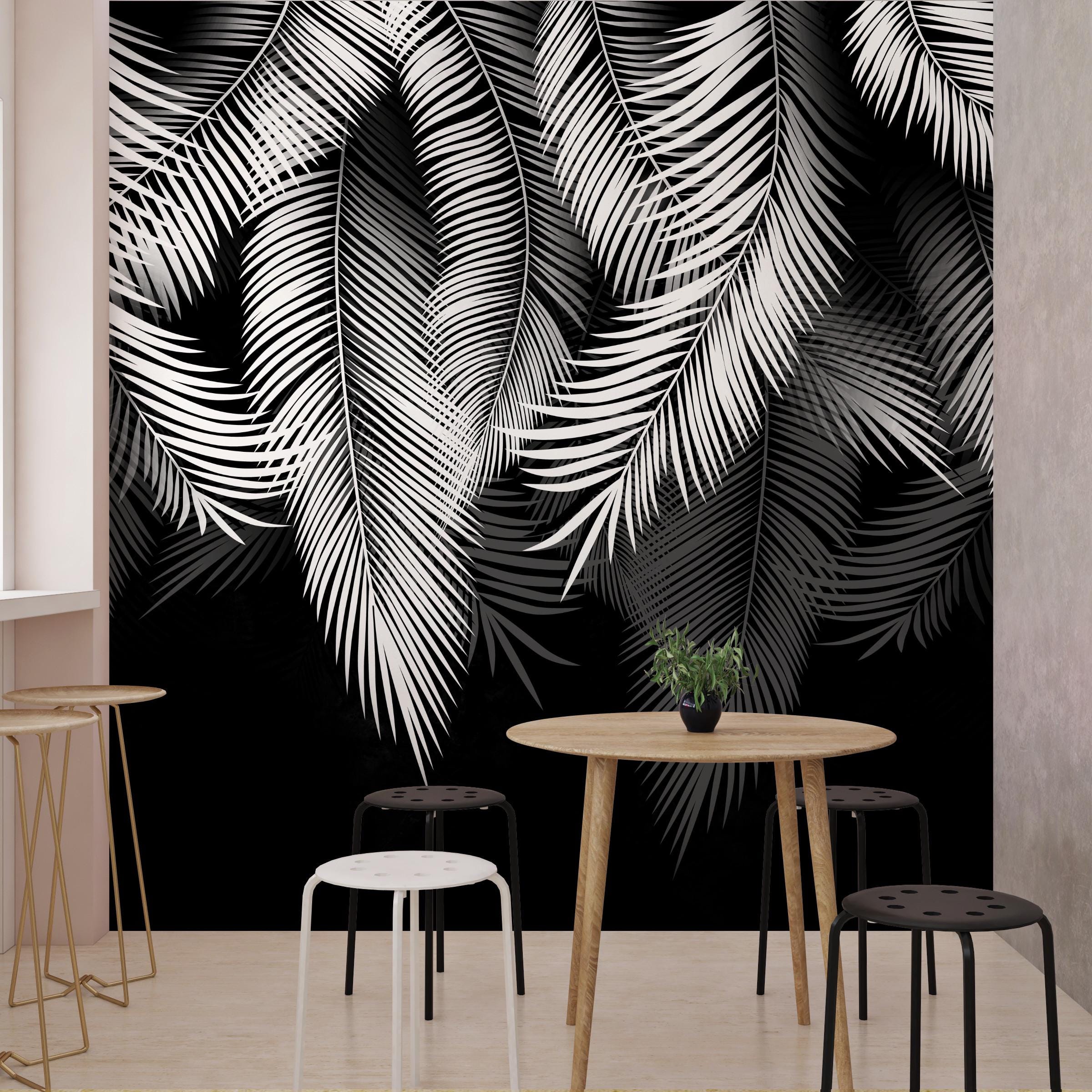 Black and White Palm Leaf Wall Mural – Elegant Tropical Wallpaper for ...