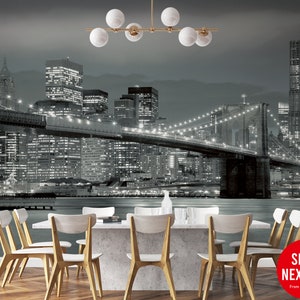 Brooklyn Bridge NYC B/W Wallpaper | Pattern Wall Mural | Peel and Stick Self Adhesive or Pasted | Removable Wallpaper | Custom Size