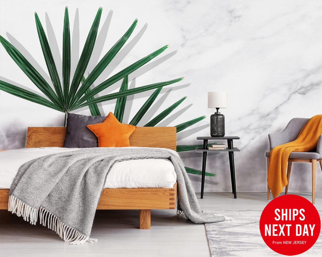 Green Tropical Leaves on Marble Wallpaper Glossy Wall Mural Peel and ...