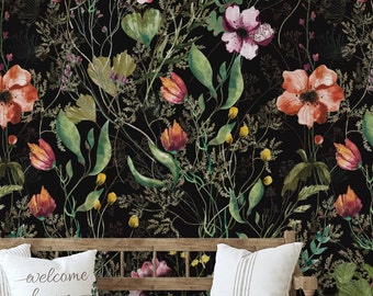 Dark Floral Wallpaper | Botanical Peel and Stick Wall Mural