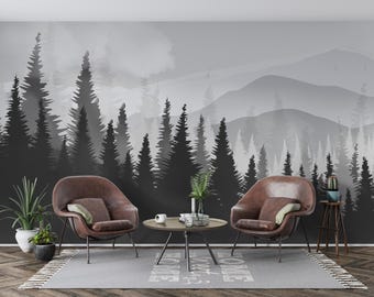 Scenic Forest Wall Mural with Misty Mountains, Peel and Stick Removable Wallpaper, Pine Tree Nature Wall Covering, Forest and Clouds
