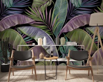 Vintage Jungle Wallpaper, Purple and Green Banana Leaf Mural, Dark Botanical Peel and Stick, Exotic Tropical Rainforest Wall Decor
