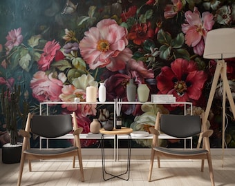 Vintage Floral Wall Mural, Dark Moody Flower Bouquet Wallpaper, Pink Red Peony Oil Painting Style, Peel and Stick Bedroom Home Decor Art