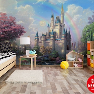 Hand Painted Fairytale Rainbow Castle Mural | Pattern Wall Mural | Peel and Stick Self Adhesive or Pasted | Removable Wallpaper |Custom Size