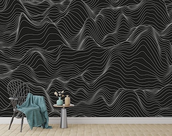 Modern Abstract Mountain Wallpaper, Black and White Flow Line Mural with Organic Contour Design for Stylish Interior Walls